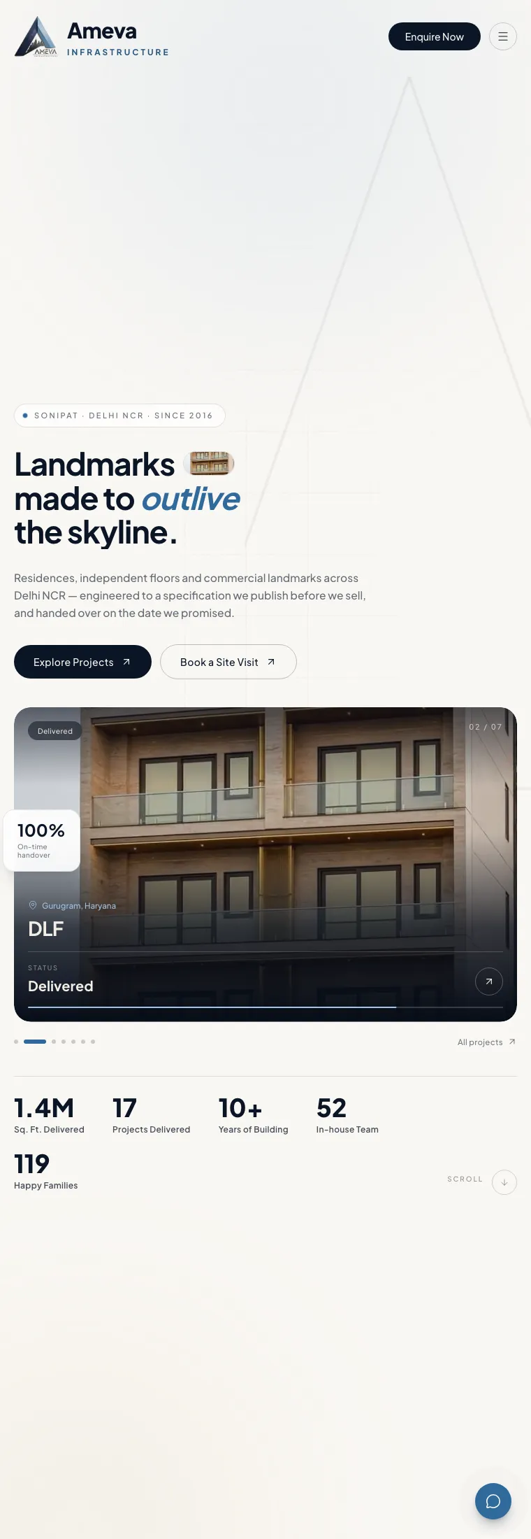 Full page design of the Ameva Infrastructure website, built by Desire Div