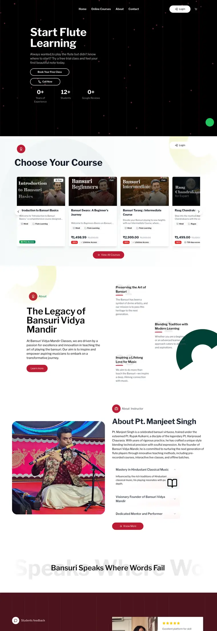 Full page design of the Bansuri Vidya Mandir website, built by Desire Div
