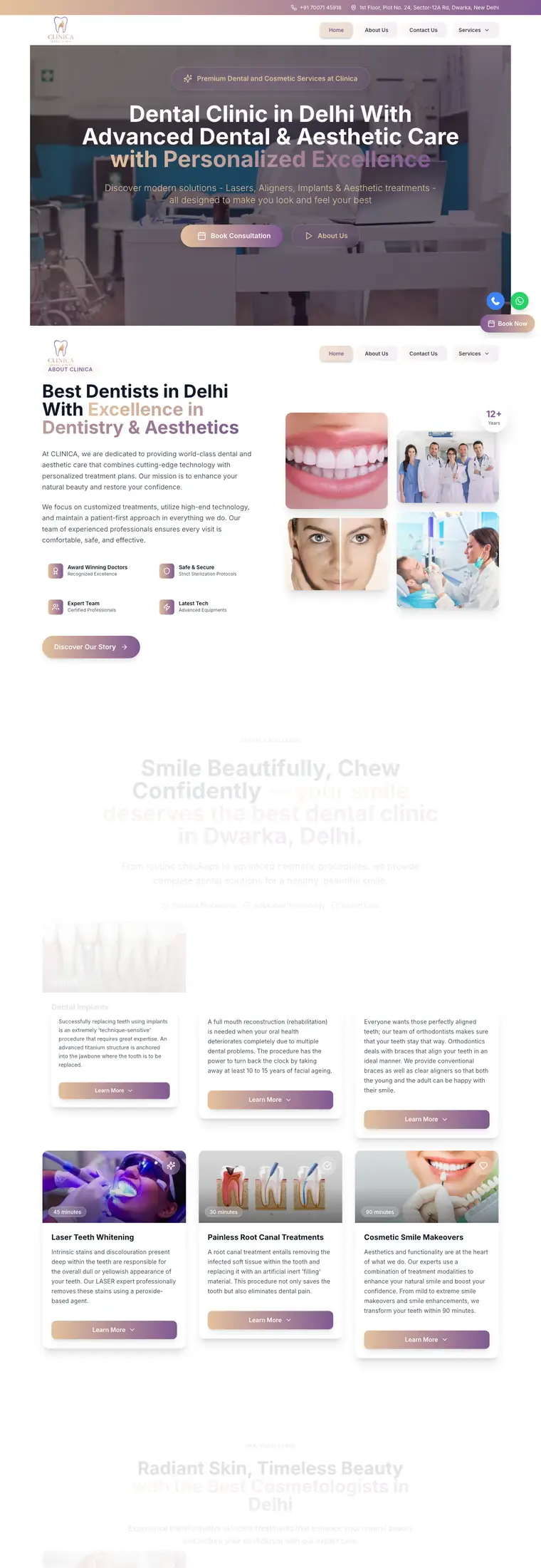 Full page design of the Clinica Dental and Skin website, built by Desire Div