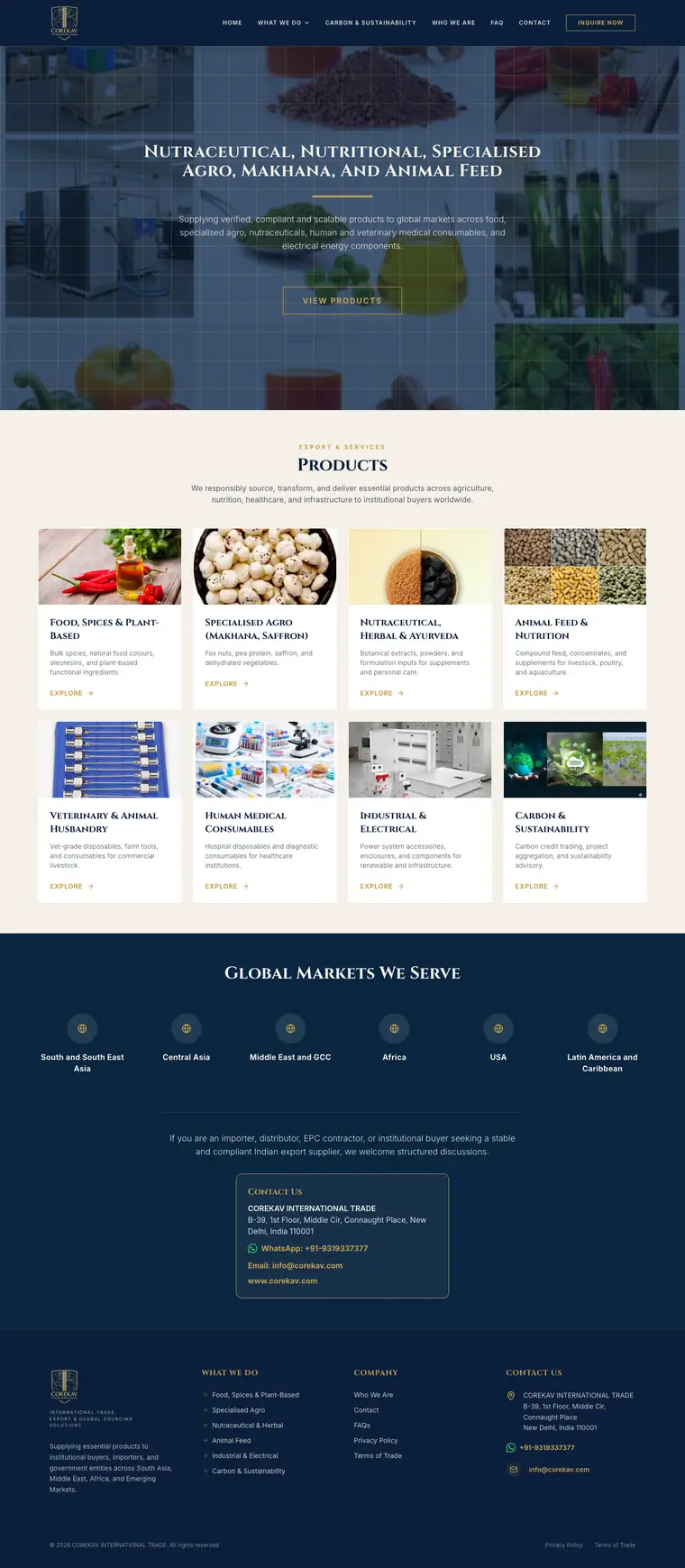 Full page design of the COREKAV International website, built by Desire Div