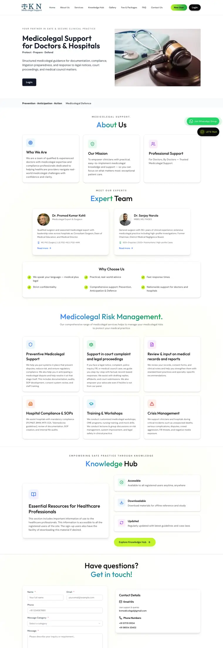 Full page design of the KN Medicolegal Support website, built by Desire Div